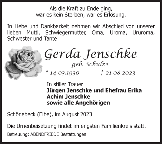 Traueranzeige von Gerda Jenschke von Volksstimme Schönebeck