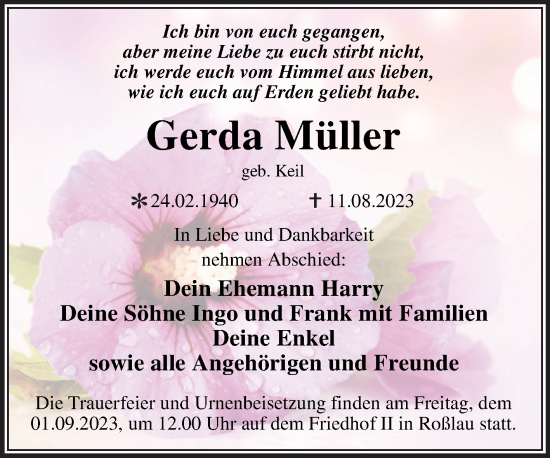 Traueranzeige von Gerda Müller von Trauerkombi Dessau