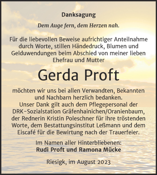 Traueranzeige von Gerda Proft von Trauerkombi Wittenberg