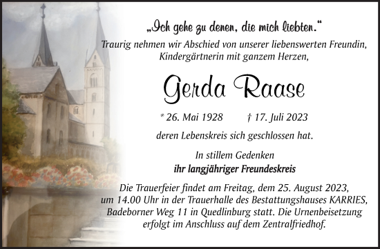 Traueranzeige von Gerda Raase von Trauerkombi Quedlinburg