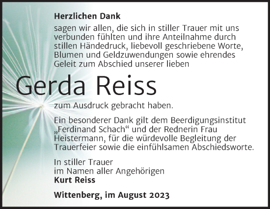Traueranzeige von Gerda Reiss von Trauerkombi Wittenberg
