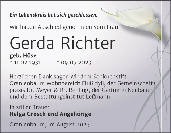 Traueranzeige von Gerda Richter von Trauerkombi Wittenberg