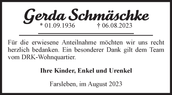 Traueranzeige von Gerda Schmäschke von Volksstimme Haldensleben/Wolmirstedt
