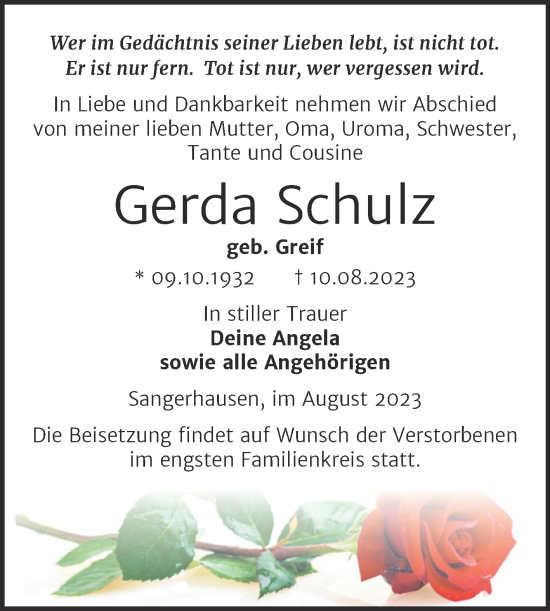 Traueranzeige von Gerda Schulz von Trauerkombi Sangerhausen