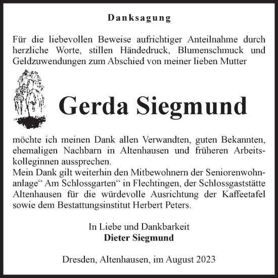 Traueranzeige von Gerda Siegmund von Volksstimme Haldensleben/Wolmirstedt