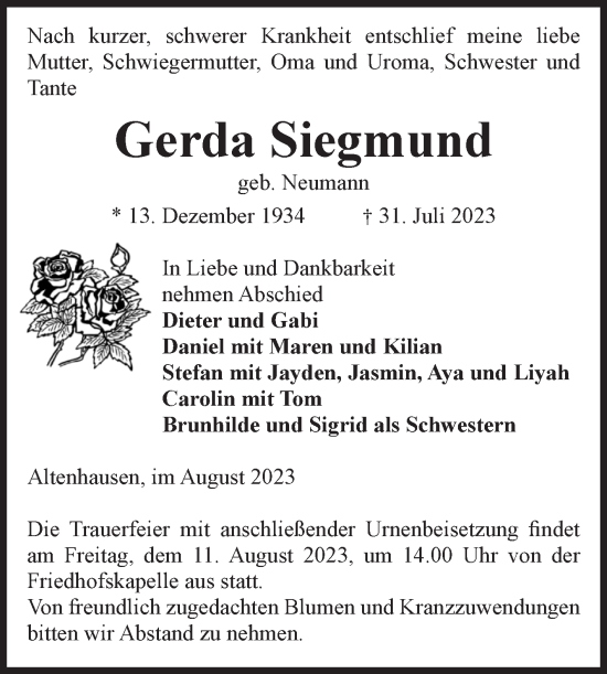 Traueranzeige von Gerda Siegmund von Volksstimme Haldensleben/Wolmirstedt