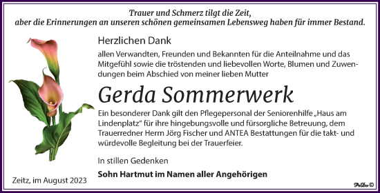 Traueranzeige von Gerda Sommerwerk von Trauerkombi Zeitz