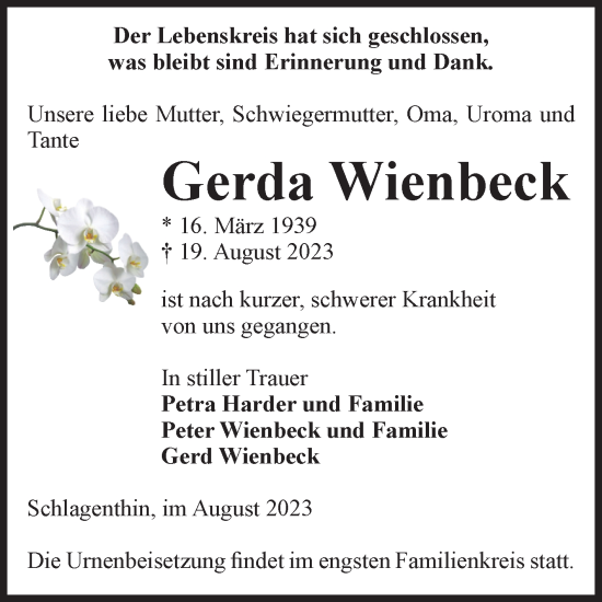 Traueranzeige von Gerda Wienbeck von Volksstimme Burg/Genthin
