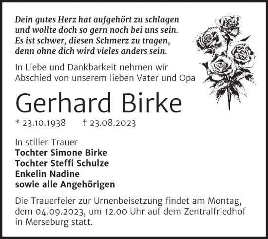 Traueranzeige von Gerhard Birke von Trauerkombi Merseburg