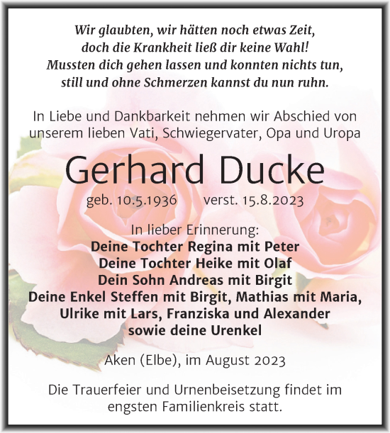 Traueranzeige von Gerhard Ducke von Trauerkombi Köthen