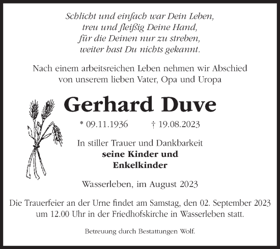 Traueranzeige von Gerhard Duve von Volksstimme Wernigerode
