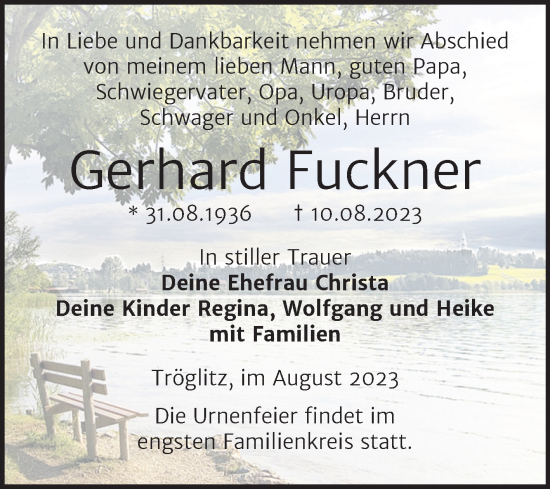 Traueranzeige von Gerhard Fuckner von Trauerkombi Zeitz