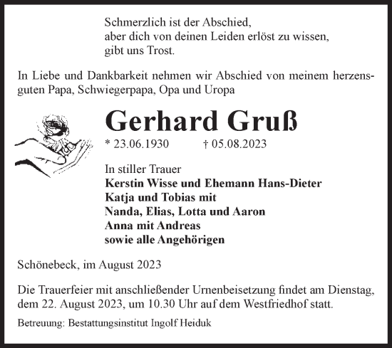 Traueranzeige von Gerhard Gruß von Volksstimme Schönebeck
