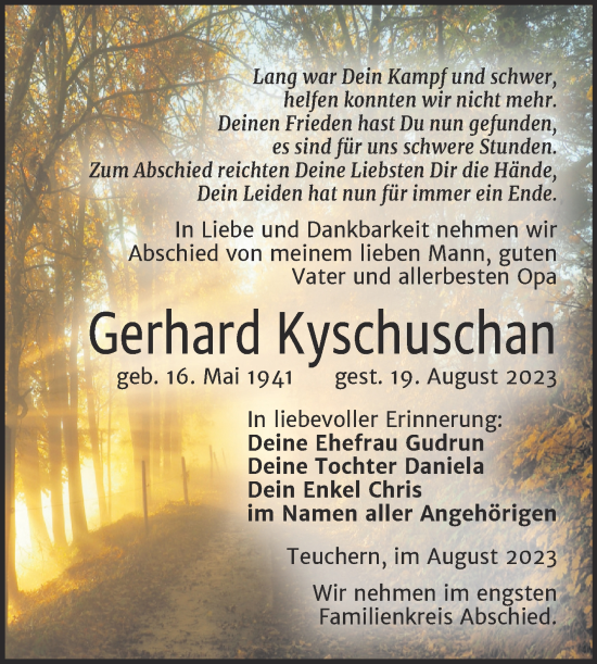 Traueranzeige von Gerhard Kyschuschan von Trauerkombi Weißenfels