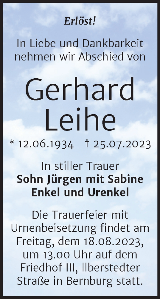 Traueranzeige von Gerhard Leihe von Mitteldeutsche Zeitung Merseburg/Querfurt