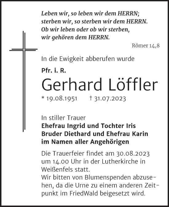 Traueranzeige von Gerhard Löffler von Trauerkombi Weißenfels