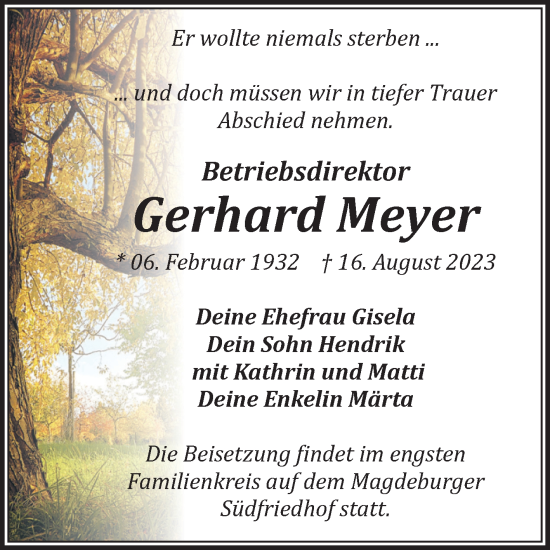 Traueranzeige von Gerhard Meyer von Volksstimme Burg/Genthin