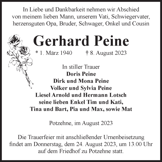 Traueranzeige von Gerhard Peine von Volksstimme Altmark West