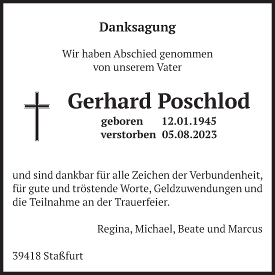 Traueranzeige von Gerhard Poschlod von Volksstimme Staßfurt