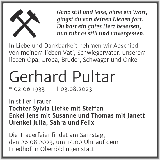 Traueranzeige von Gerhard Pultar von Trauerkombi Sangerhausen