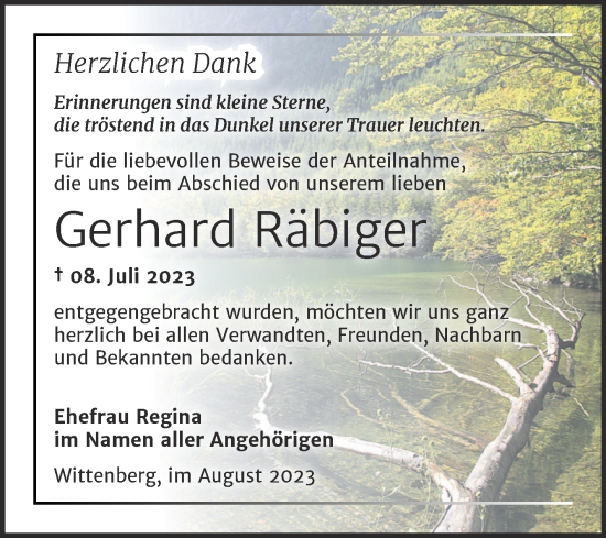 Traueranzeige von Gerhard Räbiger von Trauerkombi Wittenberg