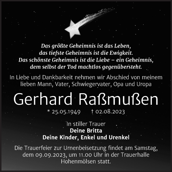 Traueranzeige von Gerhard Raßmußen von Trauerkombi Weißenfels