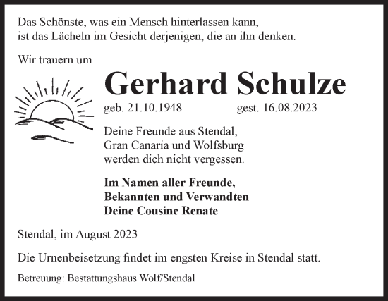 Traueranzeige von Gerhard Schulze von Volksstimme Altmark Ost