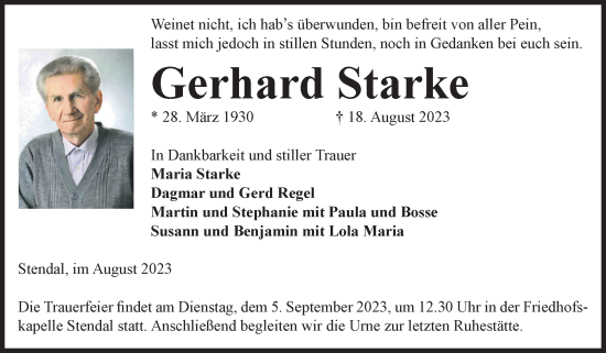 Traueranzeige von Gerhard Starke von Volksstimme Altmark Ost