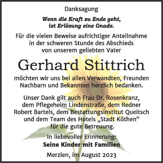 Traueranzeige von Gerhard Stittrich von Trauerkombi Köthen