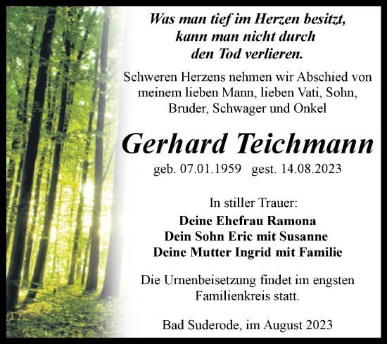 Traueranzeige von Gerhard Teichmann von Mitteldeutsche Zeitung Quedlingburg