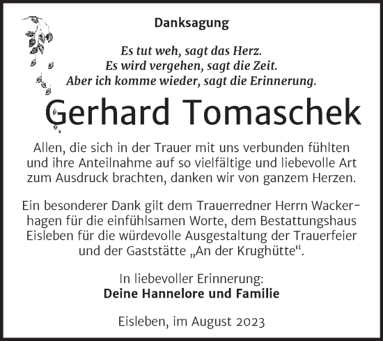 Traueranzeige von Gerhard Tomaschek von Trauerkombi Mansfelder Land