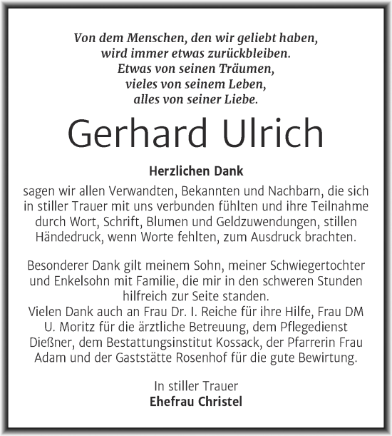 Traueranzeige von Gerhard Ulrich von Trauerkombi Wittenberg