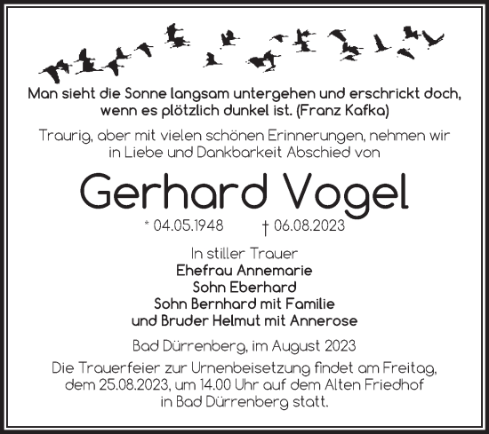 Traueranzeige von Gerhard Vogel von Trauerkombi Merseburg