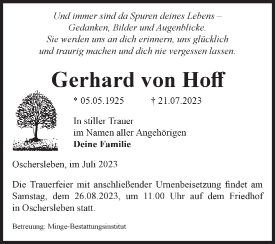 Traueranzeige von Gerhard von Hoff von Volksstimme Oschersleben/Wanzleben