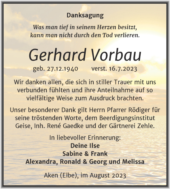 Traueranzeige von Gerhard Vorbau von Trauerkombi Köthen