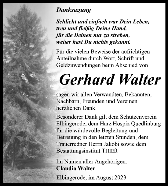 Traueranzeige von Gerhard Walter von Volksstimme Wernigerode