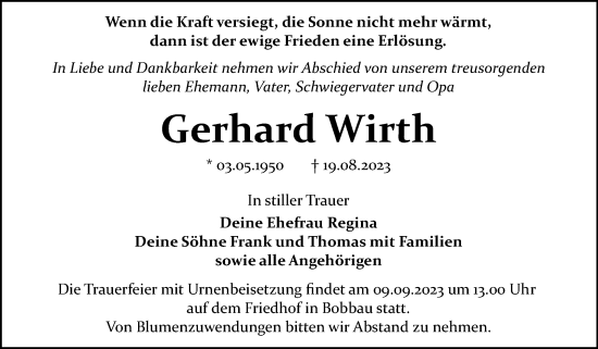 Traueranzeige von Gerhard Wirth von Trauerkombi Bitterfeld