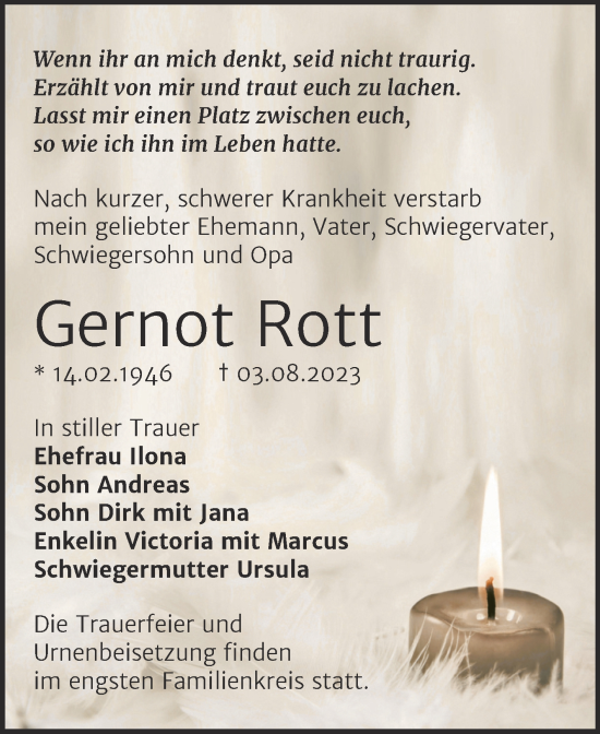 Traueranzeige von Gernot Rott von Trauerkombi Köthen