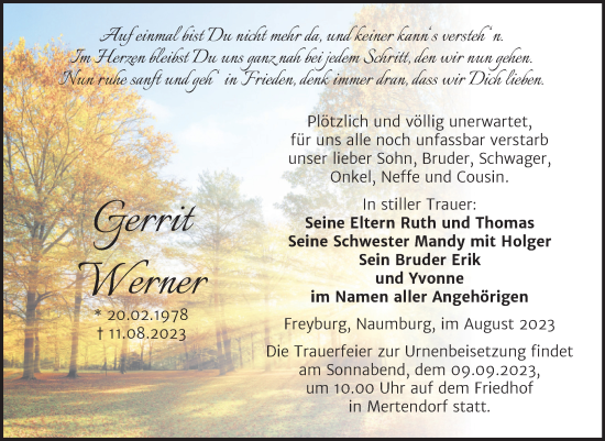 Traueranzeige von Gerrit Werner von Wochenspiegel Naumburg/Nebra