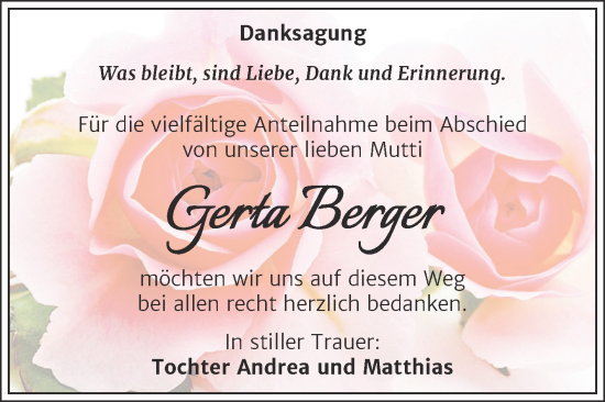 Traueranzeige von Gerta Berger von Trauerkombi Weißenfels