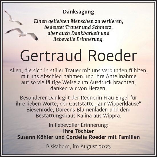 Traueranzeige von Gertraud Roeder von Trauerkombi Mansfelder Land