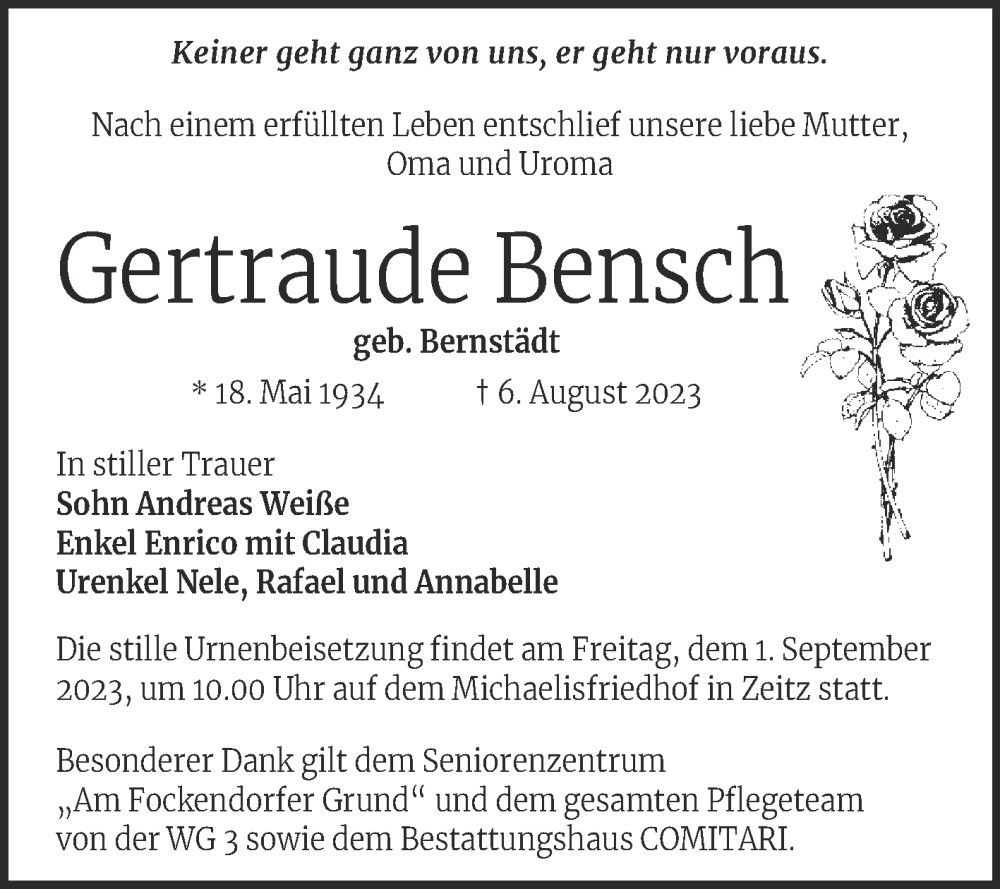  Traueranzeige für Gertraude Bensch vom 19.08.2023 aus Trauerkombi Zeitz