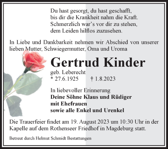 Traueranzeige von Gertrud Kinder von Volksstimme Magdeburg
