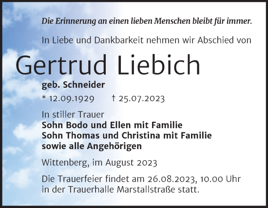 Traueranzeige von Gertrud Liebich von Trauerkombi Wittenberg