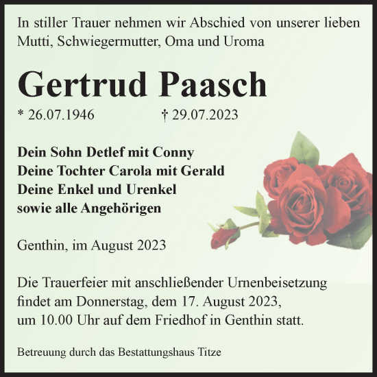 Traueranzeige von Gertrud Paasch von Volksstimme Burg/Genthin