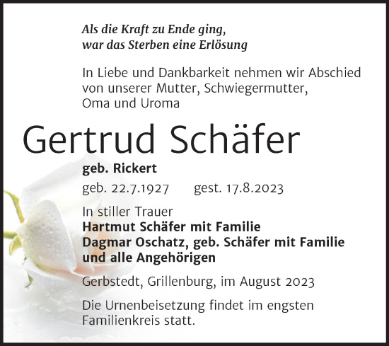 Traueranzeige von Gertrud Schäfer von Mitteldeutsche Zeitung Mansfelder Land