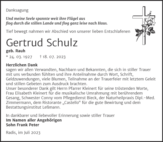 Traueranzeige von Gertrud Schulz von Trauerkombi Wittenberg