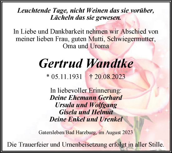 Traueranzeige von Gertrud Wandtke von Volksstimme Schönebeck