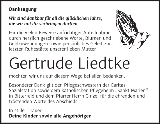 Traueranzeige von Gertrude Liedtke von Trauerkombi Bitterfeld