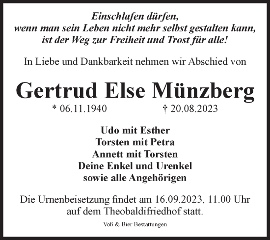 Traueranzeige von Gertrud Else Münzberg von Volksstimme Wernigerode